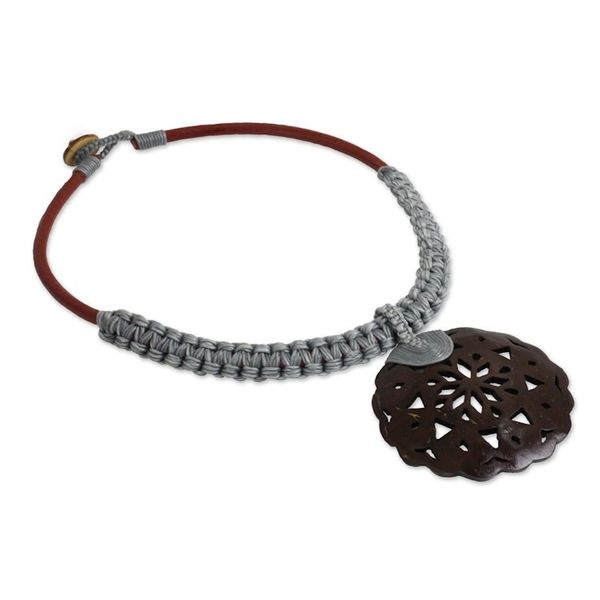 Alternate image for Coconut Shell Leather and Gray Macrame Pendant Necklace Charming Thailand in Gray
