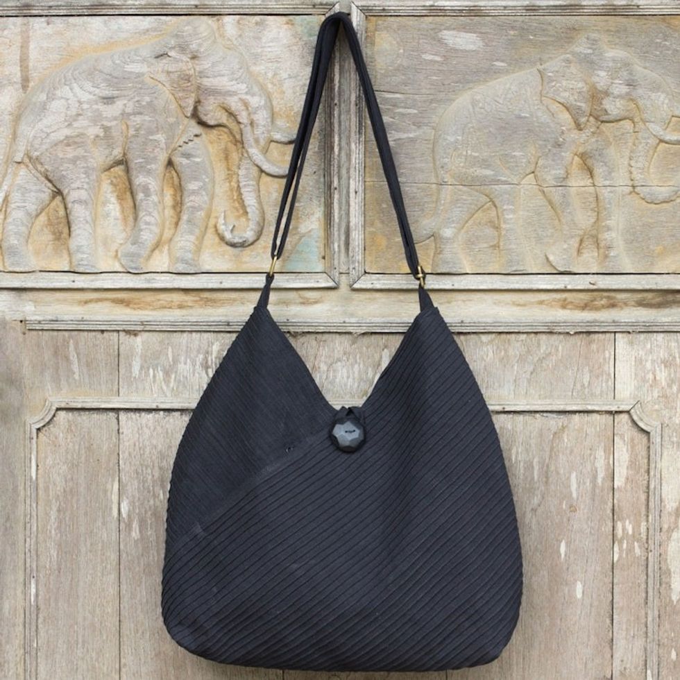 Cotton Hobo Shoulder Bag with Coin Purse and Multi Pockets 'Surreal Black'