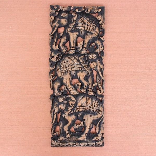 Alternate image for Elephants on Teakwood Wall Panel from Thailand Elephant Parade II