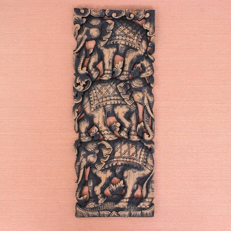 Elephants on Teakwood Wall Panel from Thailand 'Elephant Parade II'