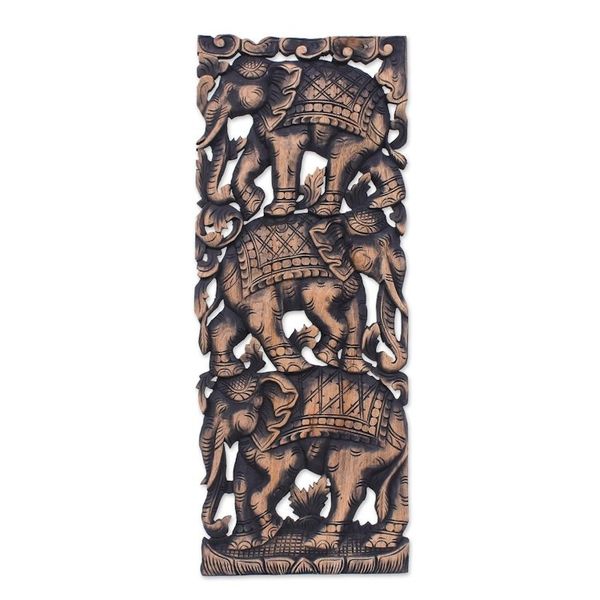 Alternate image for Elephants on Teakwood Wall Panel from Thailand Elephant Parade II