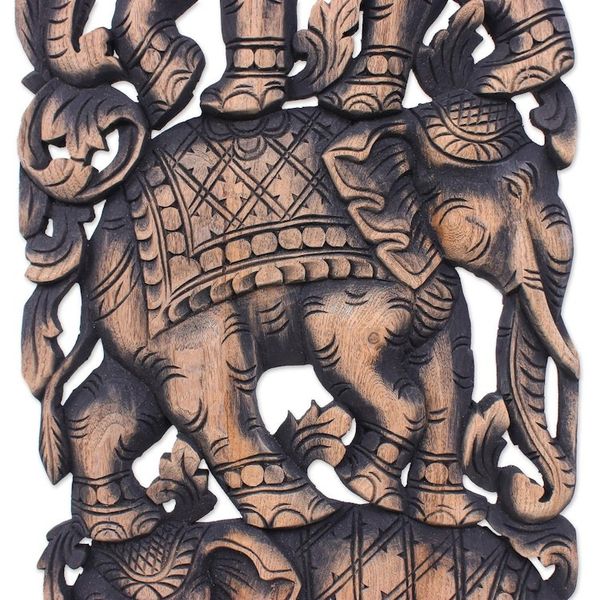 Alternate image for Elephants on Teakwood Wall Panel from Thailand Elephant Parade II