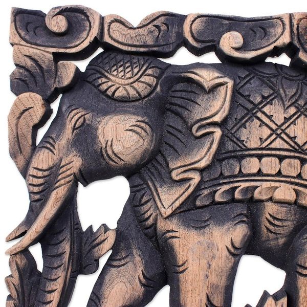 Alternate image for Elephants on Teakwood Wall Panel from Thailand Elephant Parade II