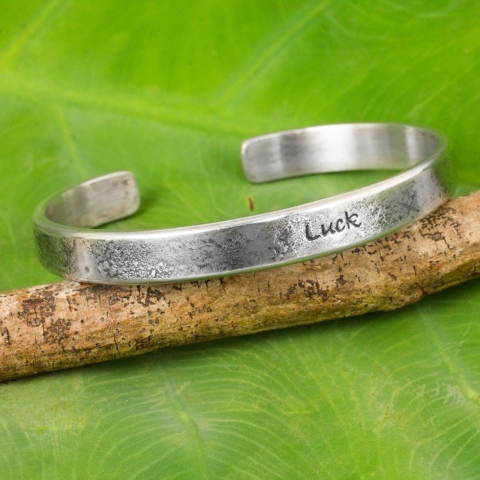 Handcrafted Sterling Silver Good Luck Cuff Bracelet 'Wishing You Luck'