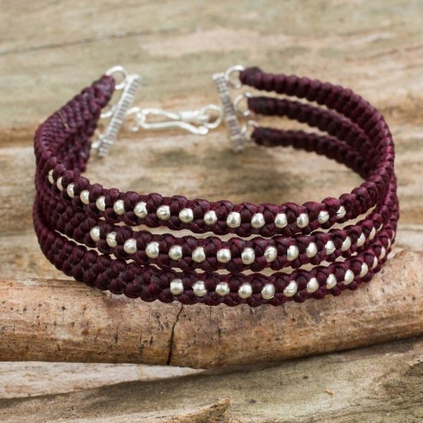 Alternate image for Dark Maroon Braided Wristband Bracelet with Silver Beads Maroon Moons
