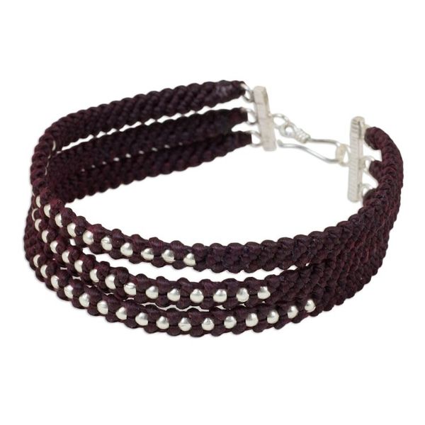 Alternate image for Dark Maroon Braided Wristband Bracelet with Silver Beads Maroon Moons