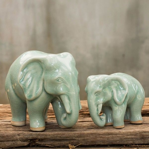 Alternate image for Elephant Celadon Ceramic Sculptures pair Lovely Family in Light Green