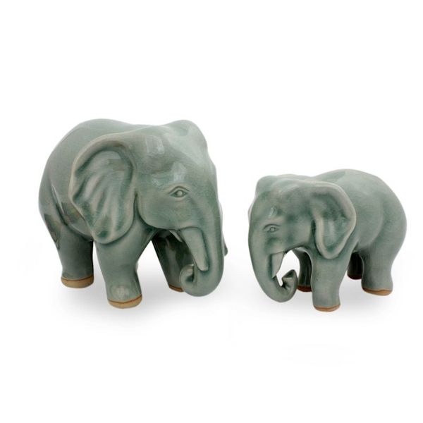 Alternate image for Elephant Celadon Ceramic Sculptures pair Lovely Family in Light Green