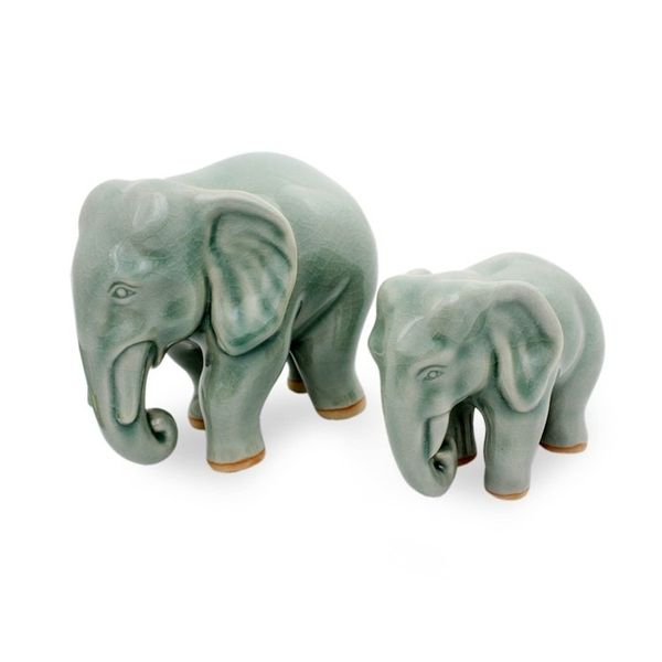 Alternate image for Elephant Celadon Ceramic Sculptures pair Lovely Family in Light Green