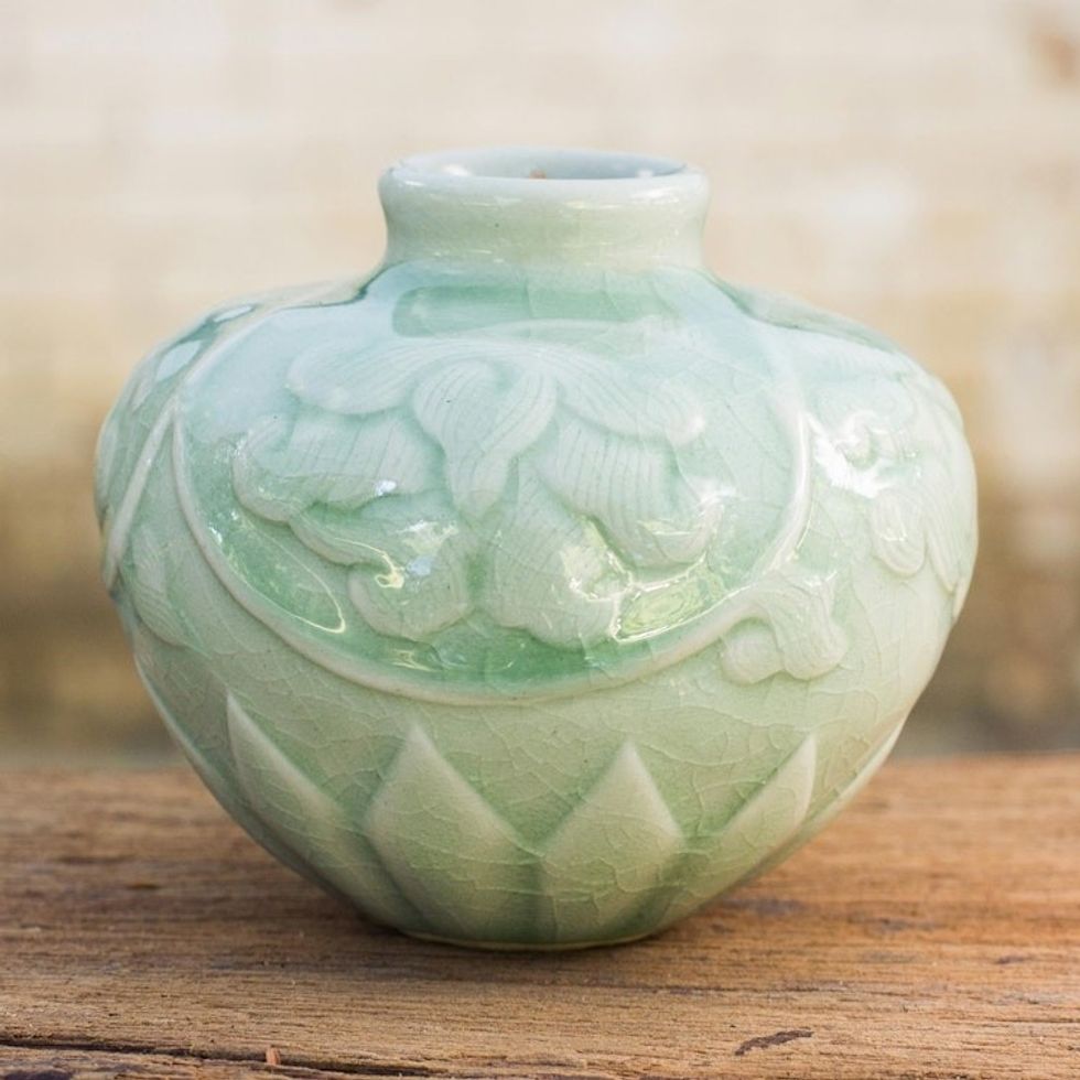 Thai Hand Crafted Petite Celadon Ceramic Vase 'Voluptuous Lotus'