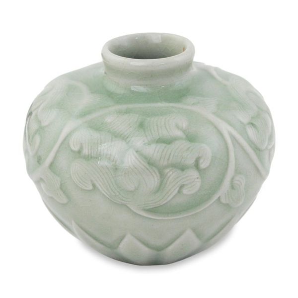 Alternate image for Thai Hand Crafted Petite Celadon Ceramic Vase Voluptuous Lotus