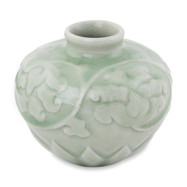 Alternate image for Thai Hand Crafted Petite Celadon Ceramic Vase Voluptuous Lotus