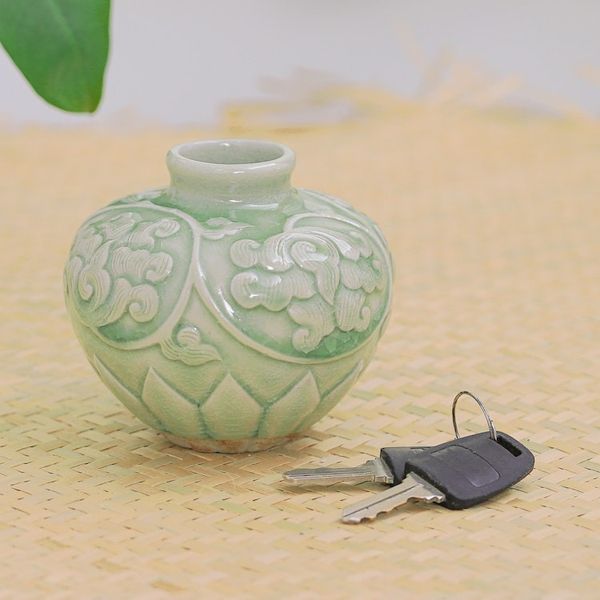 Alternate image for Thai Hand Crafted Petite Celadon Ceramic Vase Voluptuous Lotus