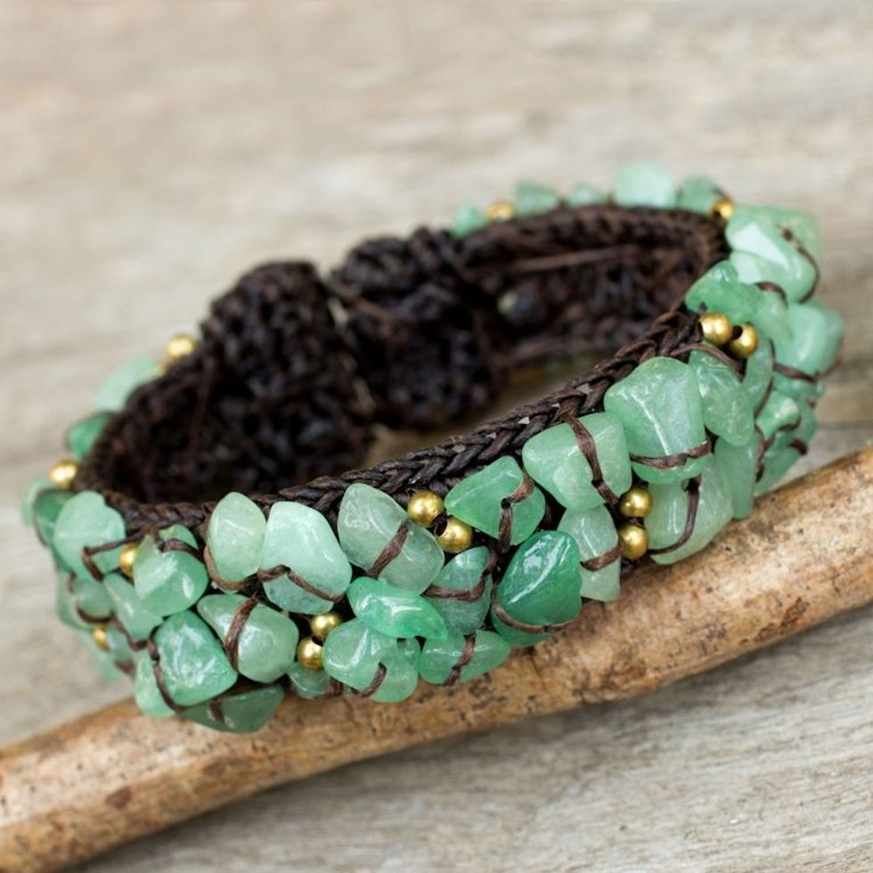 Handcrafted Green Quartz Crocheted Cuff Bracelet 'Woodland Morning'