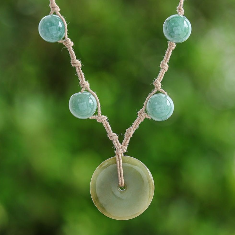 Jade Pendant Necklace on Knotted Cords from Thailand 'Natural Spirit'