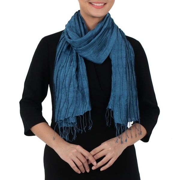 Alternate image for Hand Woven Fringed Silk Scarf in Teal from Thailand Enchanting Love in Teal