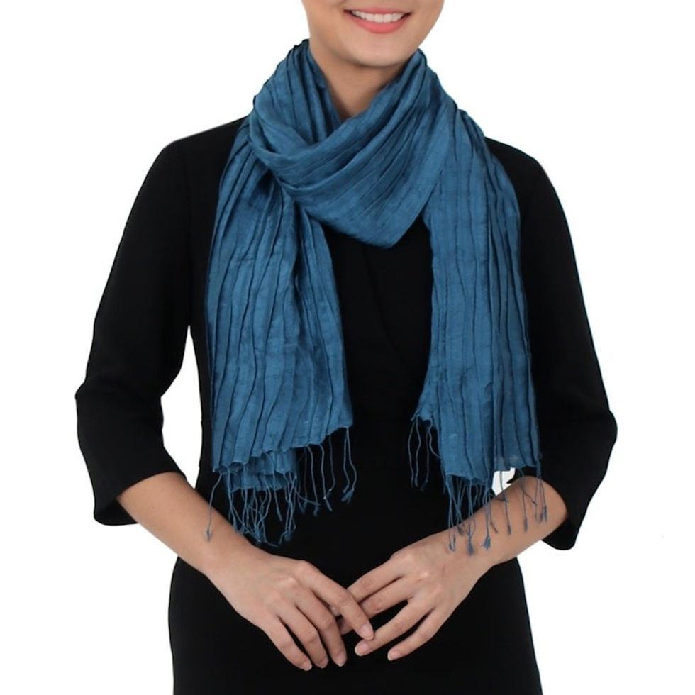 Hand Woven Fringed Silk Scarf in Teal from Thailand 'Enchanting Love in Teal'