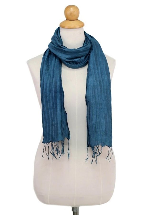 Alternate image for Hand Woven Fringed Silk Scarf in Teal from Thailand Enchanting Love in Teal