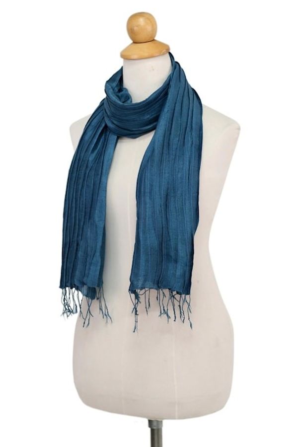 Alternate image for Hand Woven Fringed Silk Scarf in Teal from Thailand Enchanting Love in Teal