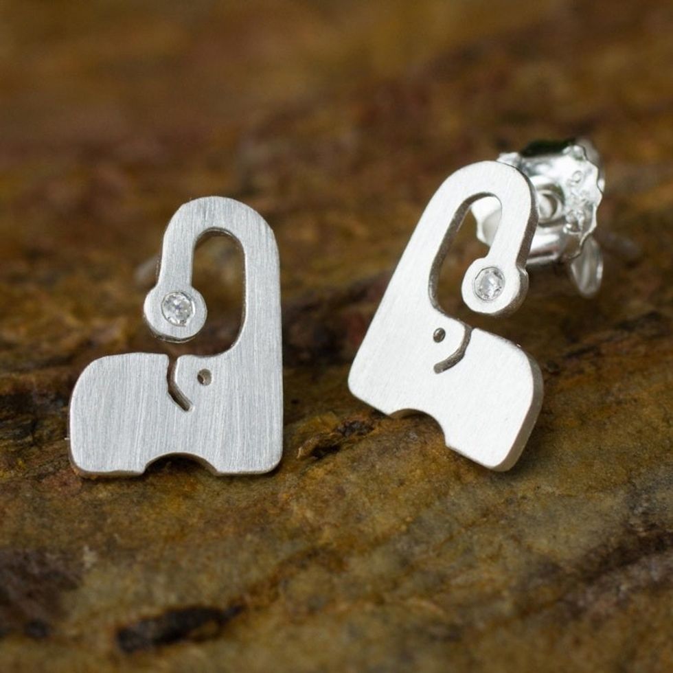Thai Brushed Silver Elephant Button Earrings with CZ 'Elephants Sparkle'