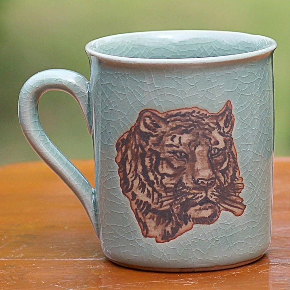 Hand Painted Celadon Ceramic Tiger Mug from Thailand 'Tiger's Taste'
