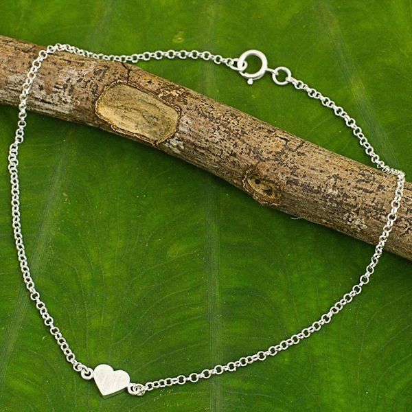Alternate image for Artisan Crafted Sterling Silver Heart Anklet from Thailand Full Heart