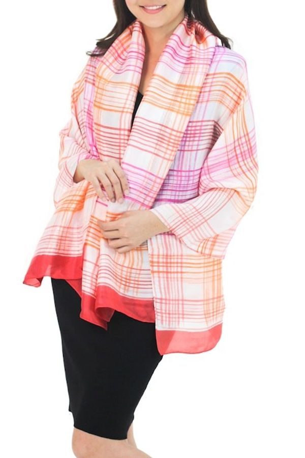 Alternate image for Thai White Silk Blend Shawl with Pink and Orange Batik Tropical Plaid