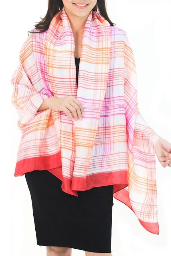 Alternate image for Thai White Silk Blend Shawl with Pink and Orange Batik Tropical Plaid