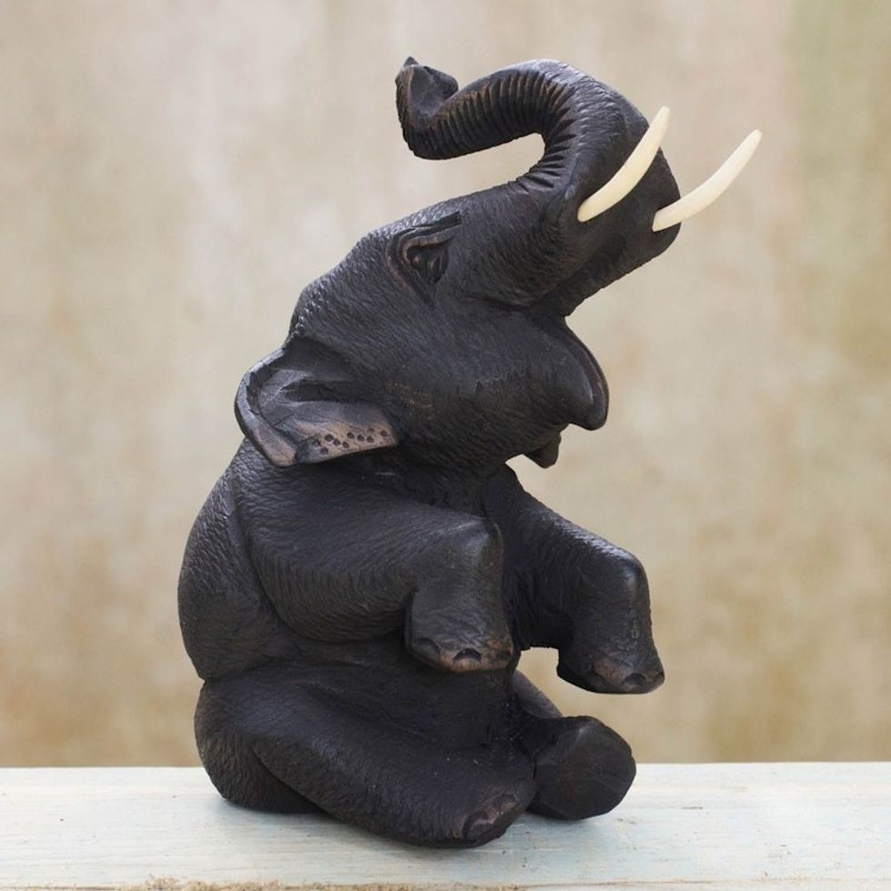 Thai Hand Carved Teak Wood Baby Elephant Sculpture 'Happy Baby Elephant'