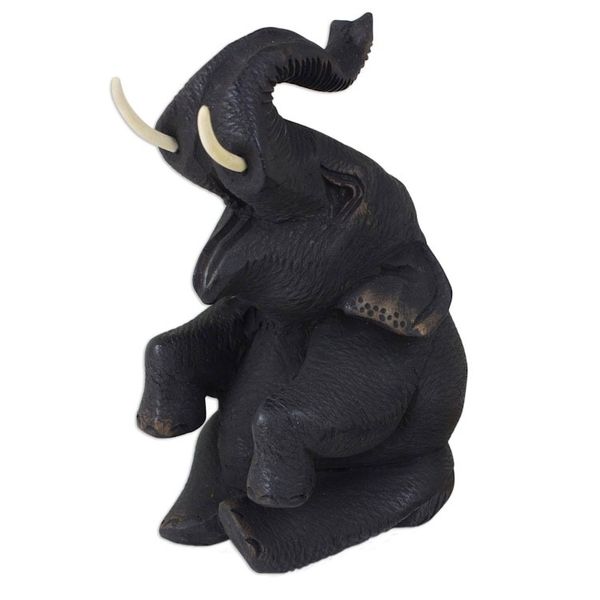 Alternate image for Thai Hand Carved Teak Wood Baby Elephant Sculpture Happy Baby Elephant