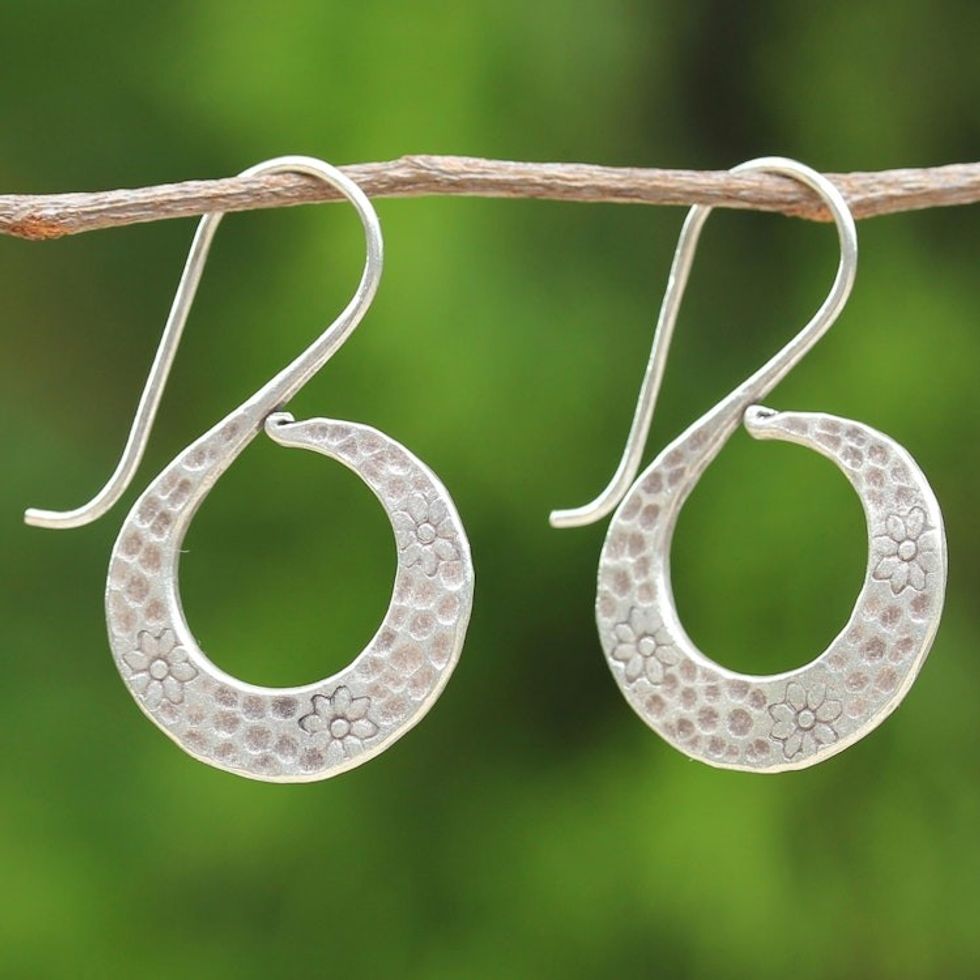 Women's Silver Floral Drop Earrings from Thailand 'Floral Swan'