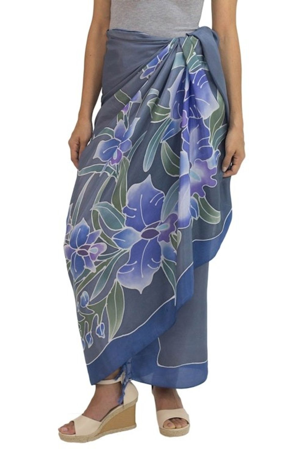 100 Thai Silk Sarong Wrap with Hand-printed Batik Orchids 'Midnight Cattleya'