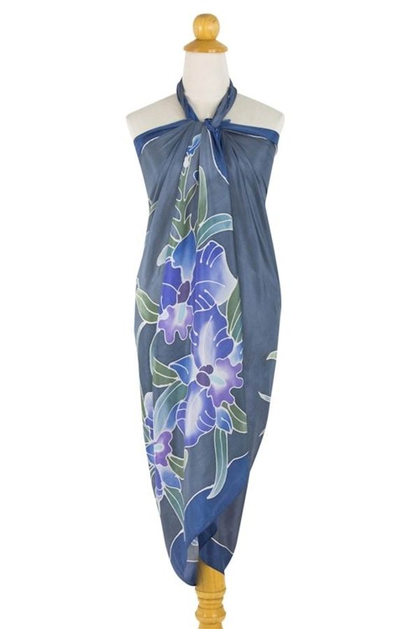 Alternate image for 100 Thai Silk Sarong Wrap with Hand-printed Batik Orchids Midnight Cattleya
