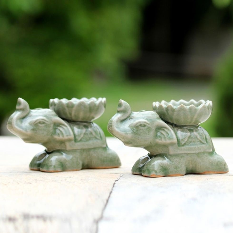 Green Ceramic Elephant Incense Holders Pair 'Polite Elephants'