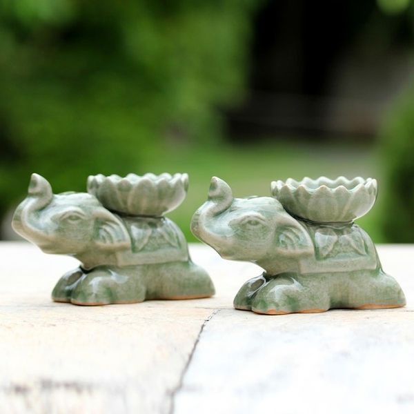 Alternate image for Green Ceramic Elephant Incense Holders Pair Polite Elephants