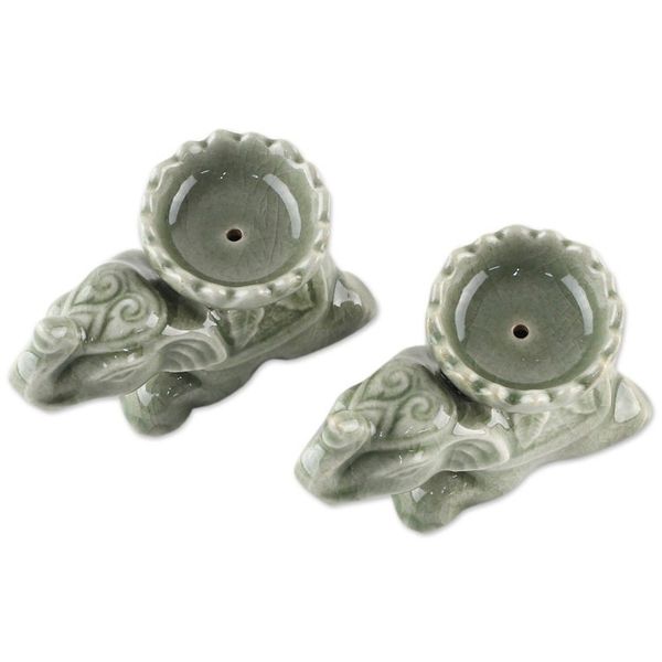 Alternate image for Green Ceramic Elephant Incense Holders Pair Polite Elephants