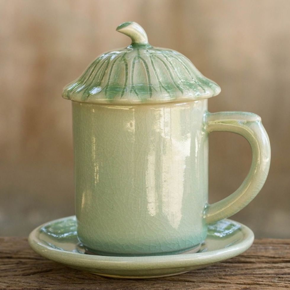 Thai Green Celadon Ceramic Covered Cup and Saucer 'Green Lotus Leaf'