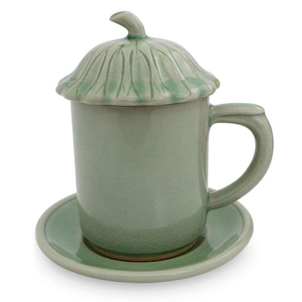 Alternate image for Thai Green Celadon Ceramic Covered Cup and Saucer Green Lotus Leaf