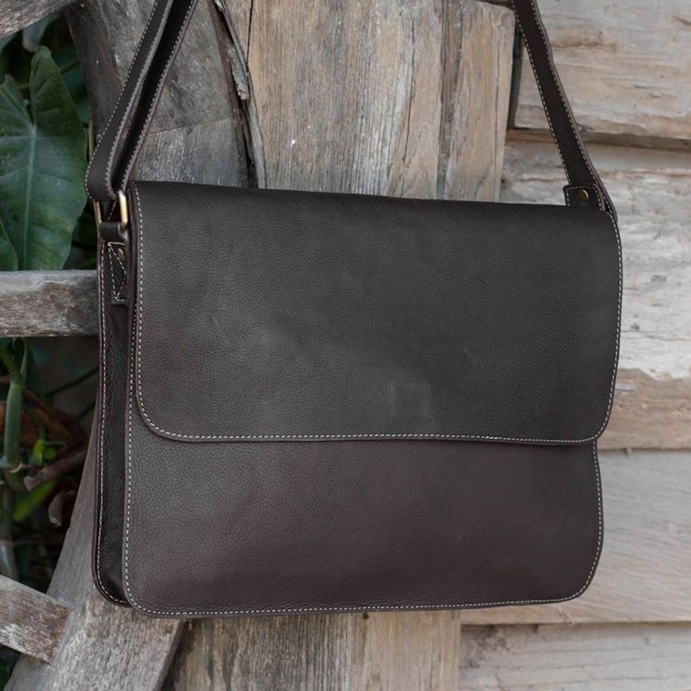 Artisan Crafted Flap Messenger Bag in Espresso Brown Leather 'Smooth Espresso Brown'