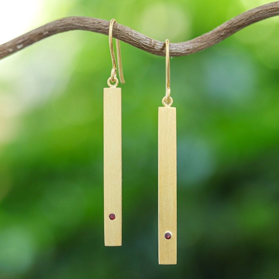Brushed Satin 24k Gold Plated Silver Earrings with Garnets 'Simple Compassion'
