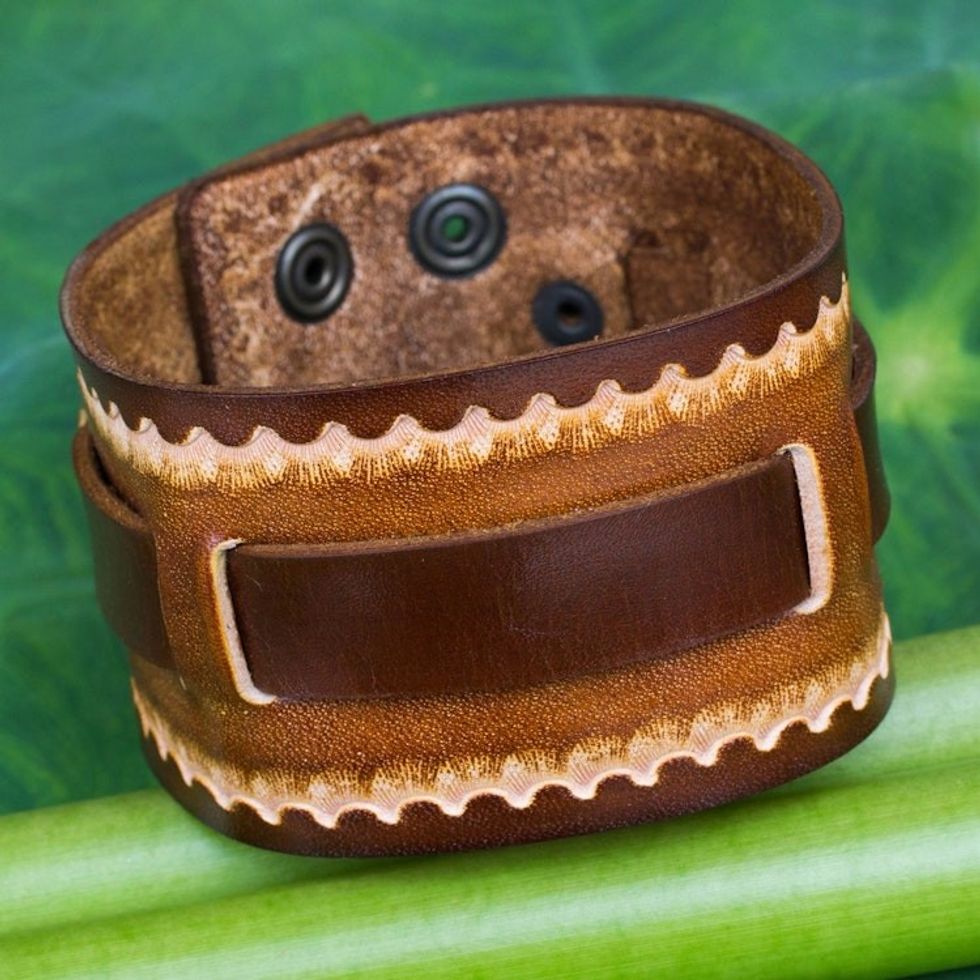 Hand Tooled Brown Leather Bracelet for Men 'Western Quest'