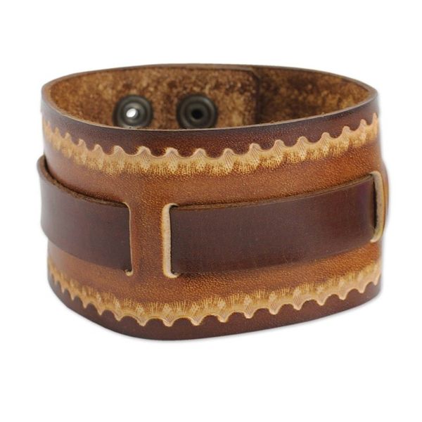 Alternate image for Hand Tooled Brown Leather Bracelet for Men Western Quest