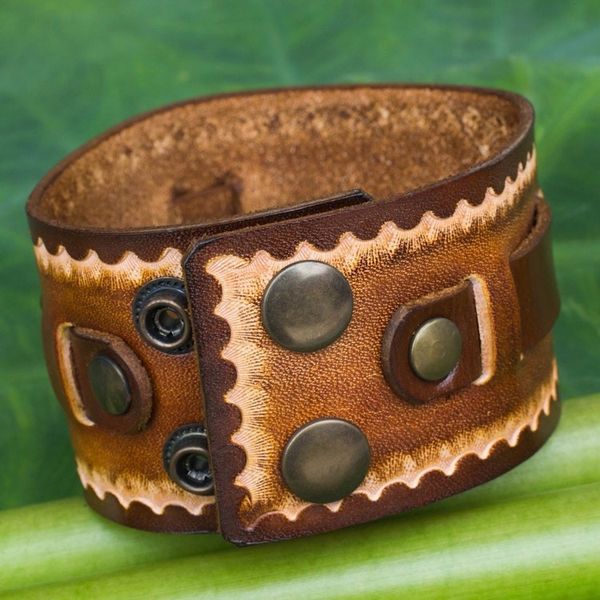 Alternate image for Hand Tooled Brown Leather Bracelet for Men Western Quest