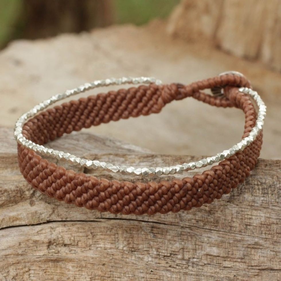 Silver 950 Hill Tribe Beaded Brown Cord Bracelet 'Blithe Brown'
