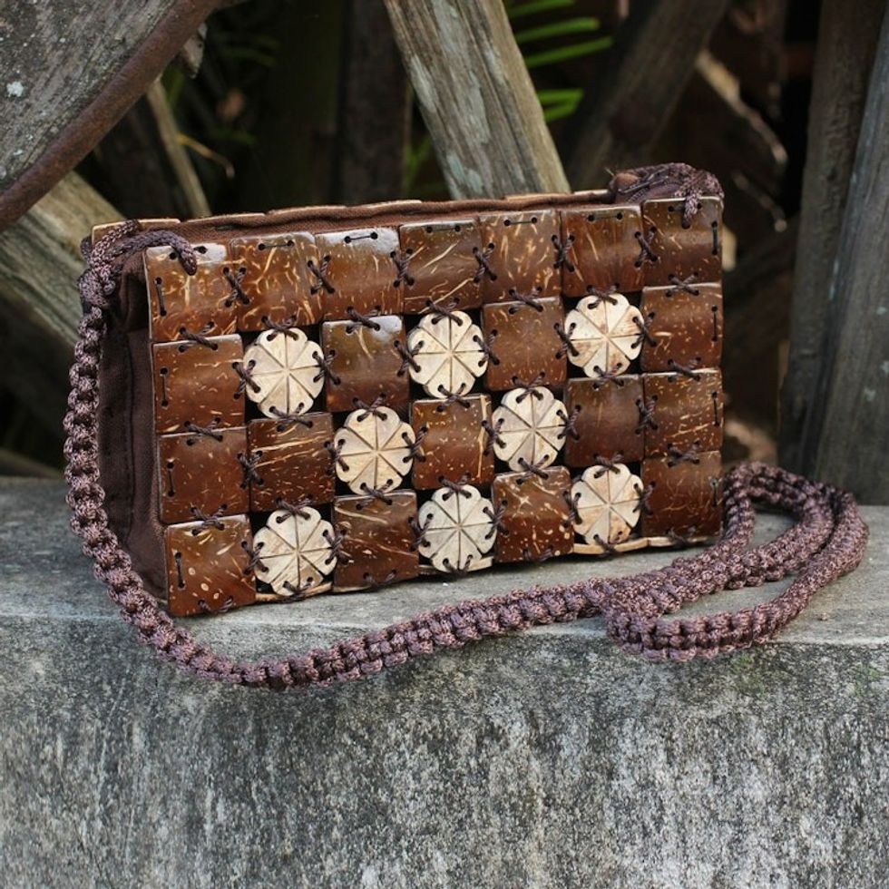 Handmade Coconut Shell Purse with Cotton Lining 'Flowers Squared'