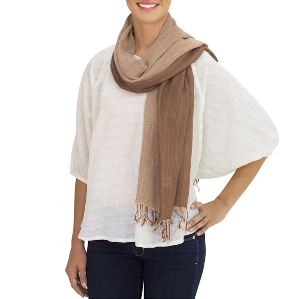 Hand-woven 2-in-1 Cotton Reversible Scarf 'Brown Beige Duet'
