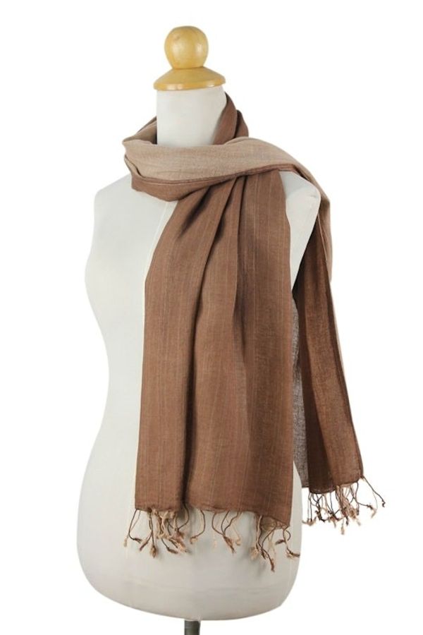 Alternate image for Hand-woven 2-in-1 Cotton Reversible Scarf Brown Beige Duet