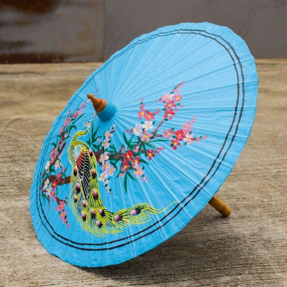 Fair Trade Blue Asian Parasol in Handpainted Cotton Fabric 'Prince Peacock'