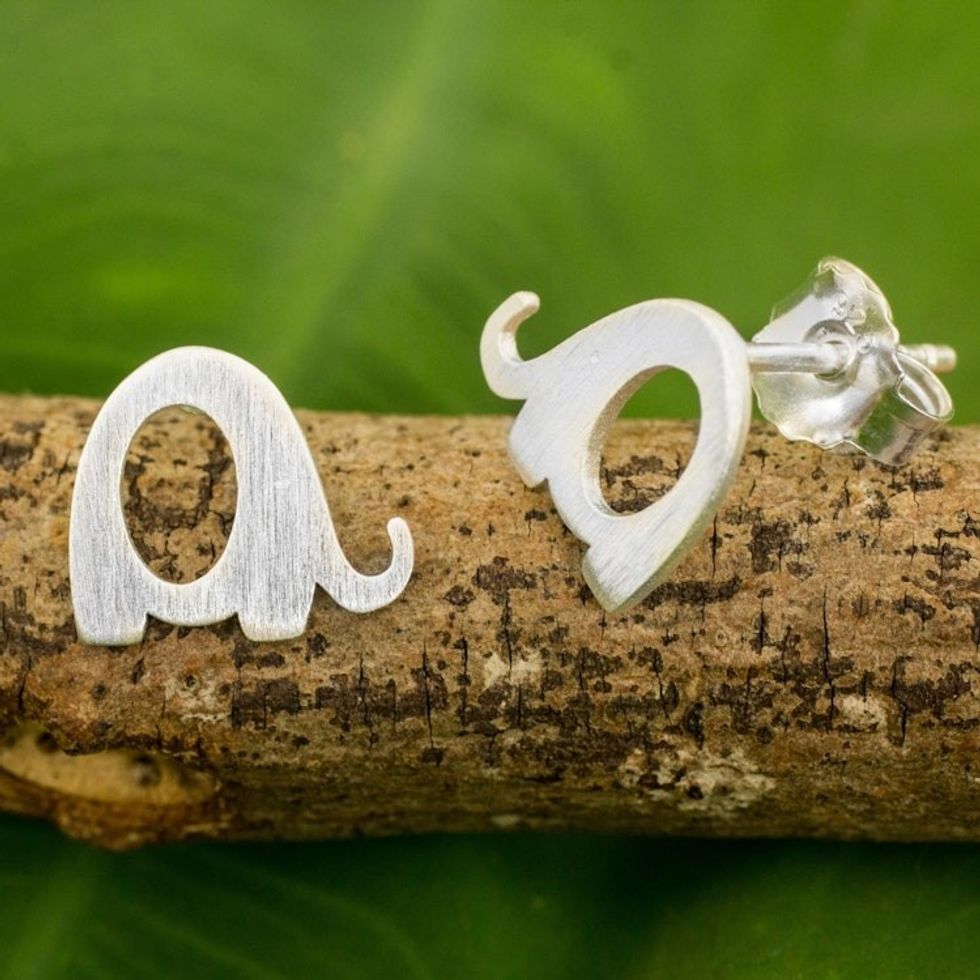 Brushed Silver Elephant Stud Earrings from Thai Artisan 'Tiny Elephants'