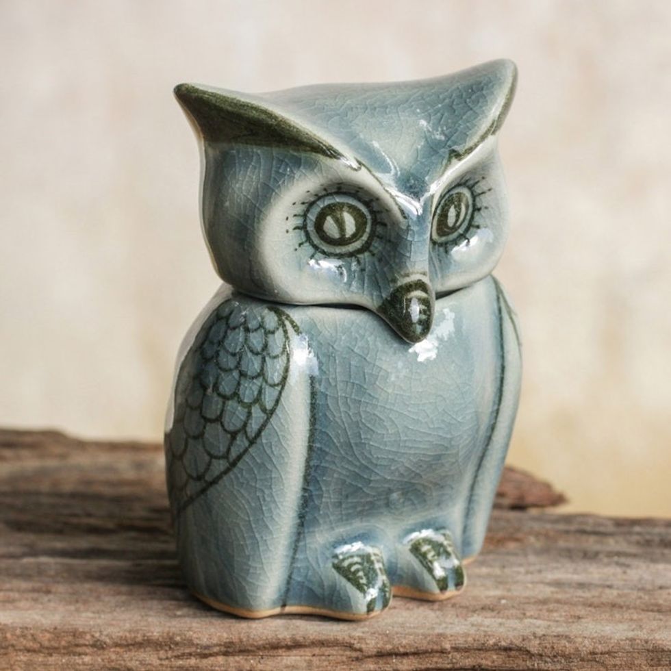 Artisan Crafted Small Blue Ceramic Owl Storage Jar 'Happy Blue Owl'